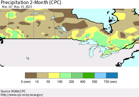 Canada Precipitation 2-Month (CPC) Thematic Map For 3/16/2023 - 5/15/2023