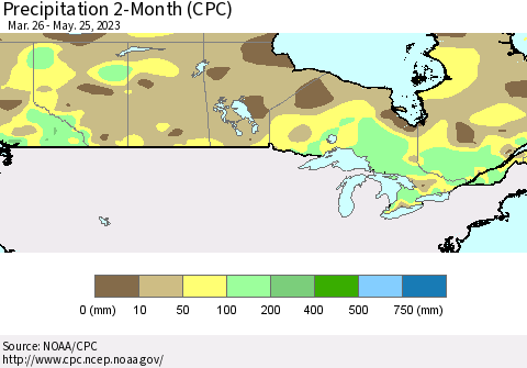Canada Precipitation 2-Month (CPC) Thematic Map For 3/26/2023 - 5/25/2023
