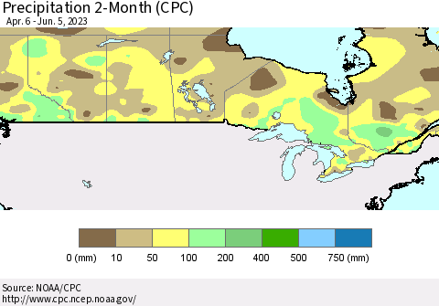 Canada Precipitation 2-Month (CPC) Thematic Map For 4/6/2023 - 6/5/2023