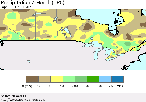 Canada Precipitation 2-Month (CPC) Thematic Map For 4/11/2023 - 6/10/2023