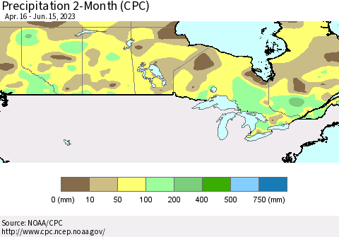 Canada Precipitation 2-Month (CPC) Thematic Map For 4/16/2023 - 6/15/2023