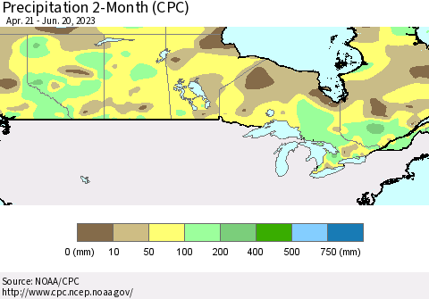 Canada Precipitation 2-Month (CPC) Thematic Map For 4/21/2023 - 6/20/2023
