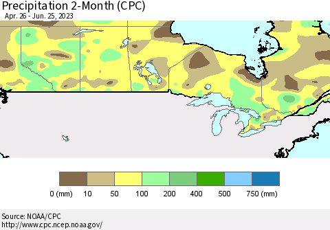 Canada Precipitation 2-Month (CPC) Thematic Map For 4/26/2023 - 6/25/2023
