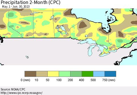 Canada Precipitation 2-Month (CPC) Thematic Map For 5/1/2023 - 6/30/2023