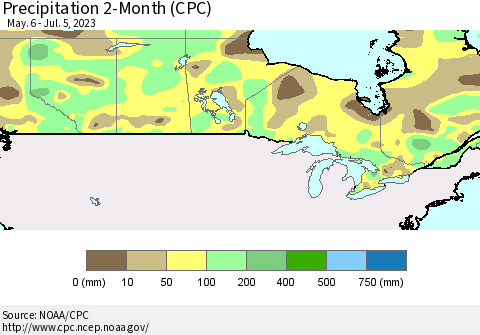 Canada Precipitation 2-Month (CPC) Thematic Map For 5/6/2023 - 7/5/2023