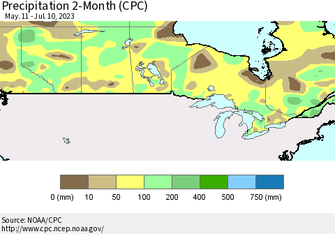 Canada Precipitation 2-Month (CPC) Thematic Map For 5/11/2023 - 7/10/2023