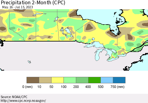 Canada Precipitation 2-Month (CPC) Thematic Map For 5/16/2023 - 7/15/2023