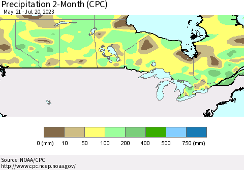 Canada Precipitation 2-Month (CPC) Thematic Map For 5/21/2023 - 7/20/2023