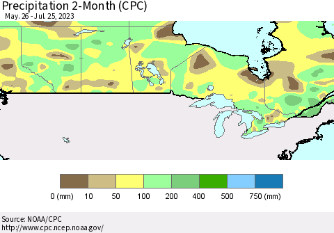 Canada Precipitation 2-Month (CPC) Thematic Map For 5/26/2023 - 7/25/2023