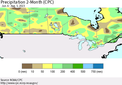 Canada Precipitation 2-Month (CPC) Thematic Map For 6/6/2023 - 8/5/2023