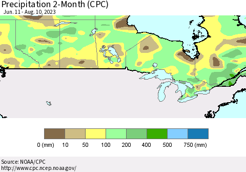 Canada Precipitation 2-Month (CPC) Thematic Map For 6/11/2023 - 8/10/2023