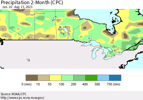Canada Precipitation 2-Month (CPC) Thematic Map For 6/16/2023 - 8/15/2023