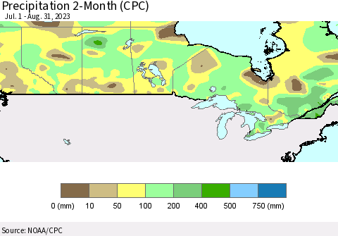Canada Precipitation 2-Month (CPC) Thematic Map For 7/1/2023 - 8/31/2023