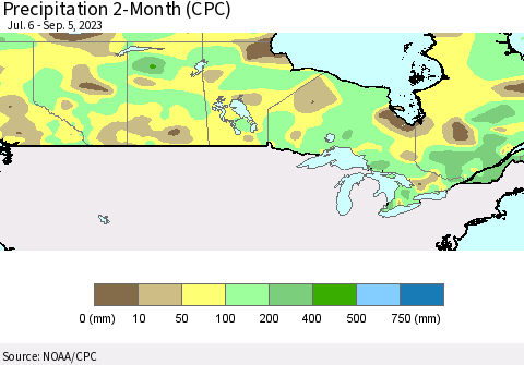 Canada Precipitation 2-Month (CPC) Thematic Map For 7/6/2023 - 9/5/2023