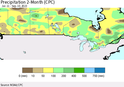 Canada Precipitation 2-Month (CPC) Thematic Map For 7/11/2023 - 9/10/2023