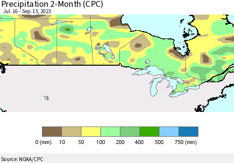 Canada Precipitation 2-Month (CPC) Thematic Map For 7/16/2023 - 9/15/2023