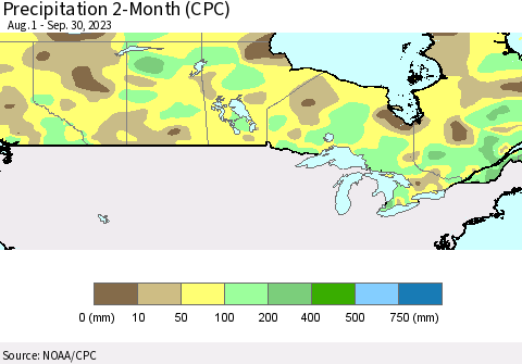 Canada Precipitation 2-Month (CPC) Thematic Map For 8/1/2023 - 9/30/2023