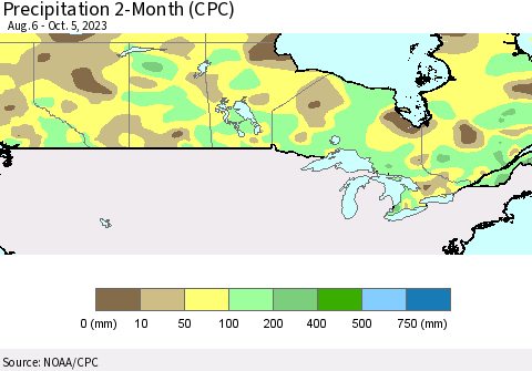 Canada Precipitation 2-Month (CPC) Thematic Map For 8/6/2023 - 10/5/2023