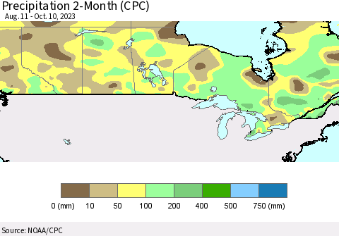 Canada Precipitation 2-Month (CPC) Thematic Map For 8/11/2023 - 10/10/2023