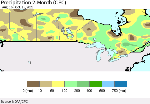 Canada Precipitation 2-Month (CPC) Thematic Map For 8/16/2023 - 10/15/2023