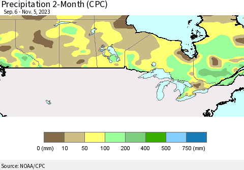 Canada Precipitation 2-Month (CPC) Thematic Map For 9/6/2023 - 11/5/2023