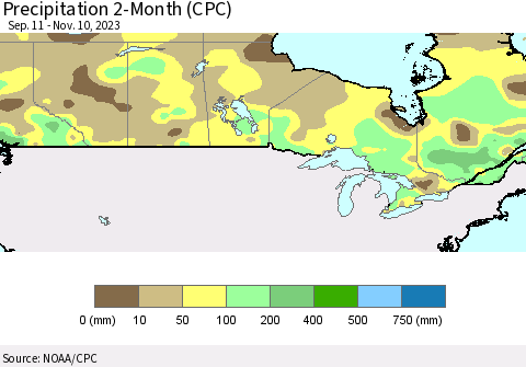 Canada Precipitation 2-Month (CPC) Thematic Map For 9/11/2023 - 11/10/2023