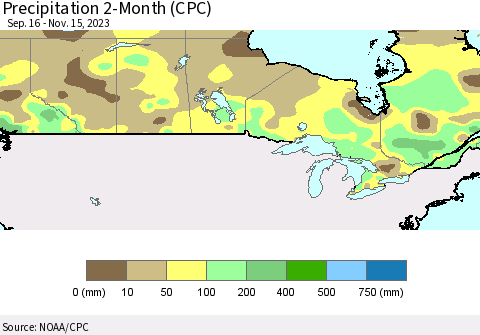 Canada Precipitation 2-Month (CPC) Thematic Map For 9/16/2023 - 11/15/2023
