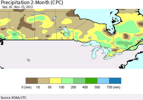 Canada Precipitation 2-Month (CPC) Thematic Map For 9/26/2023 - 11/25/2023