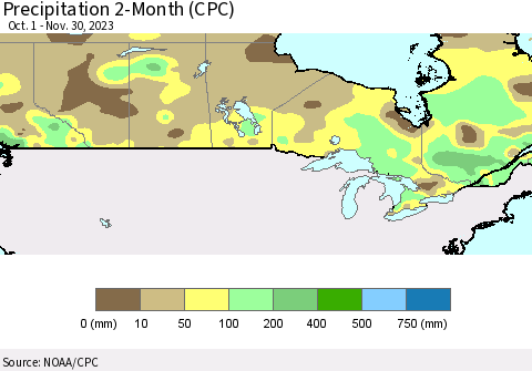 Canada Precipitation 2-Month (CPC) Thematic Map For 10/1/2023 - 11/30/2023