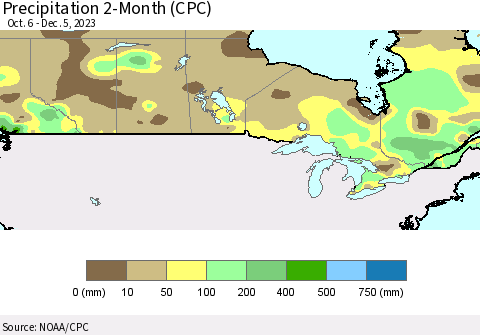 Canada Precipitation 2-Month (CPC) Thematic Map For 10/6/2023 - 12/5/2023