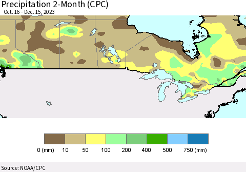 Canada Precipitation 2-Month (CPC) Thematic Map For 10/16/2023 - 12/15/2023