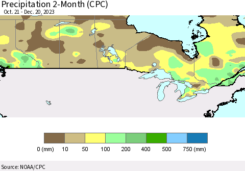 Canada Precipitation 2-Month (CPC) Thematic Map For 10/21/2023 - 12/20/2023