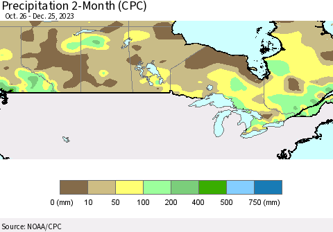 Canada Precipitation 2-Month (CPC) Thematic Map For 10/26/2023 - 12/25/2023