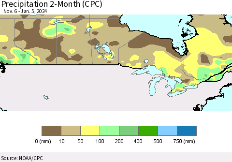 Canada Precipitation 2-Month (CPC) Thematic Map For 11/6/2023 - 1/5/2024