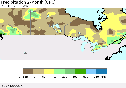 Canada Precipitation 2-Month (CPC) Thematic Map For 11/11/2023 - 1/10/2024