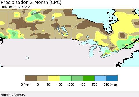 Canada Precipitation 2-Month (CPC) Thematic Map For 11/16/2023 - 1/15/2024