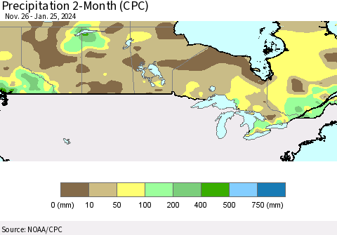 Canada Precipitation 2-Month (CPC) Thematic Map For 11/26/2023 - 1/25/2024