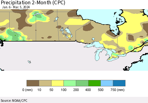 Canada Precipitation 2-Month (CPC) Thematic Map For 1/6/2024 - 3/5/2024