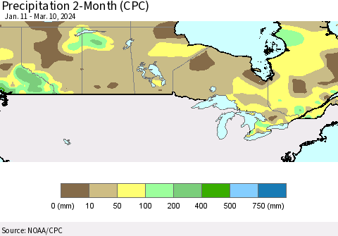 Canada Precipitation 2-Month (CPC) Thematic Map For 1/11/2024 - 3/10/2024