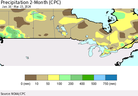 Canada Precipitation 2-Month (CPC) Thematic Map For 1/16/2024 - 3/15/2024