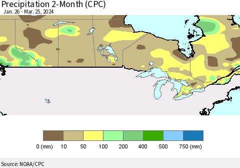 Canada Precipitation 2-Month (CPC) Thematic Map For 1/26/2024 - 3/25/2024