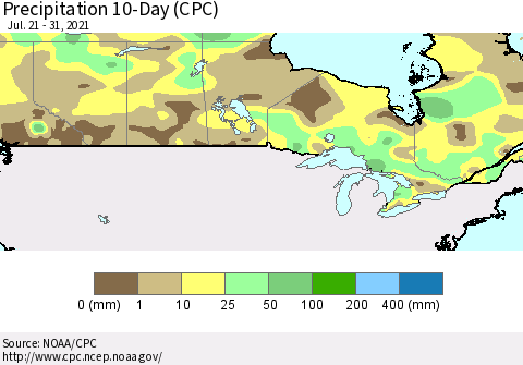 Canada Precipitation 10-Day (CPC) Thematic Map For 7/21/2021 - 7/31/2021
