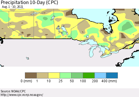 Canada Precipitation 10-Day (CPC) Thematic Map For 8/1/2021 - 8/10/2021