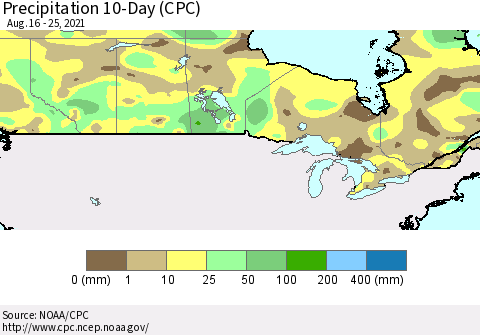 Canada Precipitation 10-Day (CPC) Thematic Map For 8/16/2021 - 8/25/2021