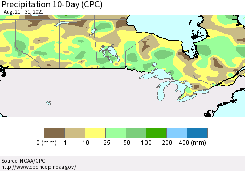 Canada Precipitation 10-Day (CPC) Thematic Map For 8/21/2021 - 8/31/2021