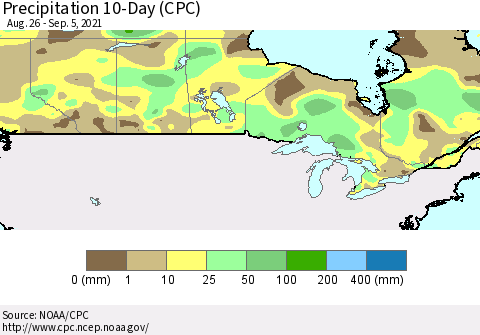 Canada Precipitation 10-Day (CPC) Thematic Map For 8/26/2021 - 9/5/2021