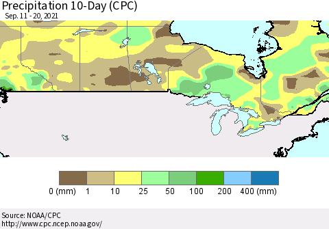 Canada Precipitation 10-Day (CPC) Thematic Map For 9/11/2021 - 9/20/2021