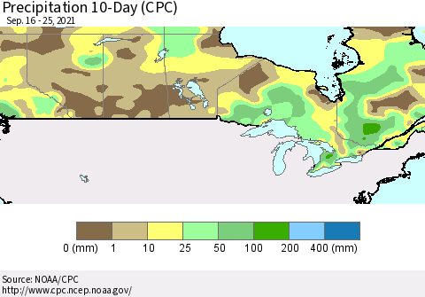 Canada Precipitation 10-Day (CPC) Thematic Map For 9/16/2021 - 9/25/2021