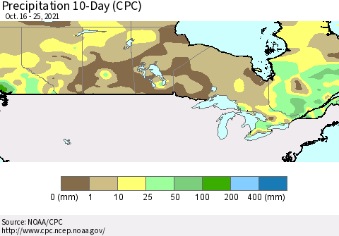 Canada Precipitation 10-Day (CPC) Thematic Map For 10/16/2021 - 10/25/2021