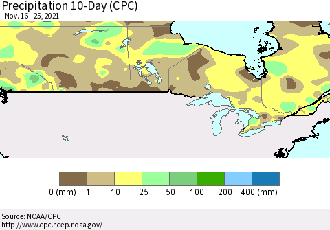 Canada Precipitation 10-Day (CPC) Thematic Map For 11/16/2021 - 11/25/2021